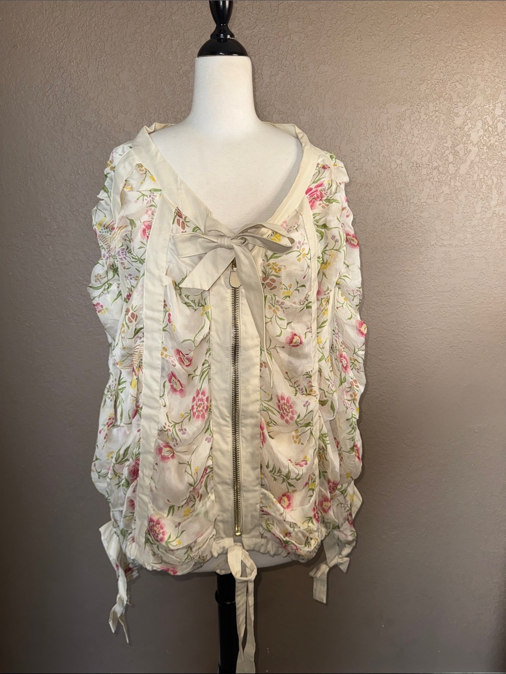 Whimsical Marni Silk Ruffled Floral Zip-Front Bow Blouse